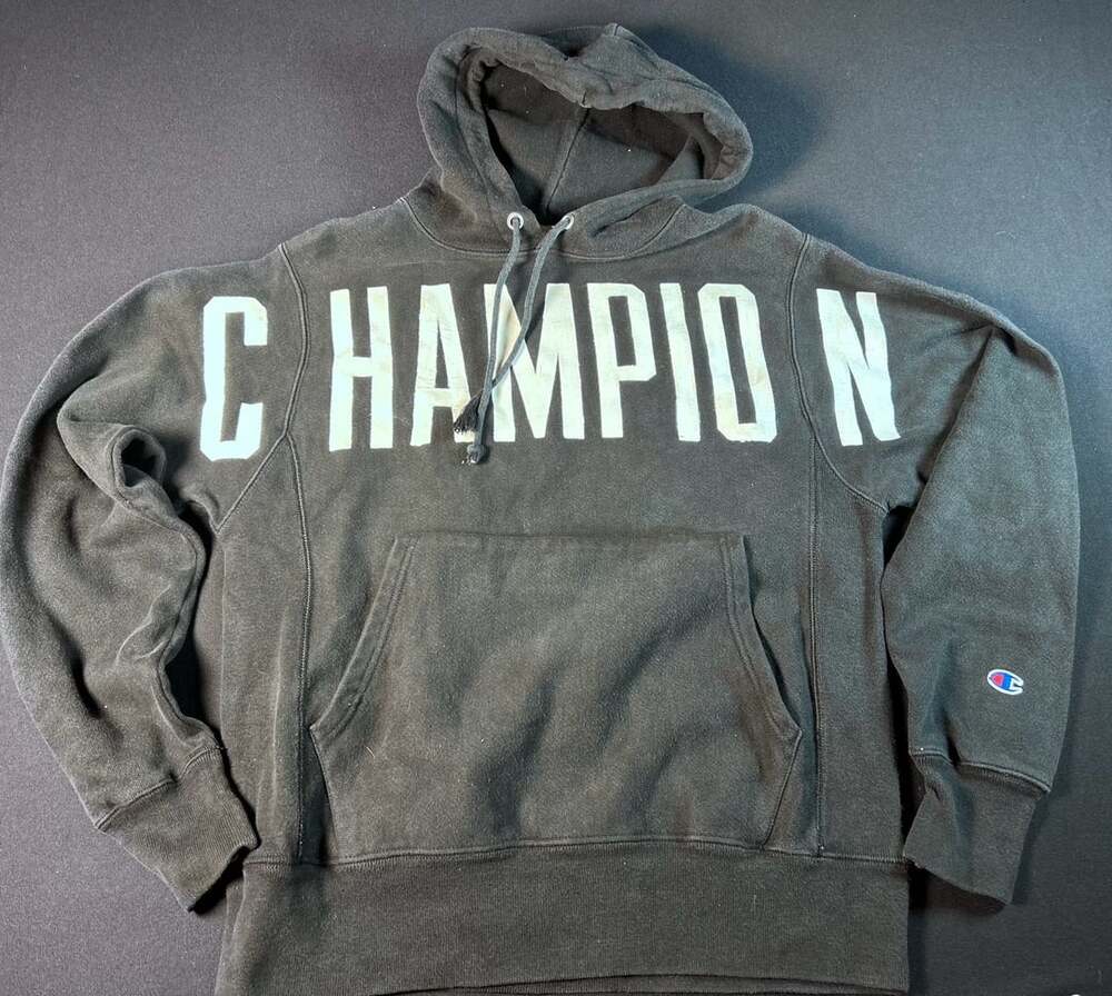 Y2K Champion Reverse Weave Hoodie Mens Small Black Spellout Logo Pullover